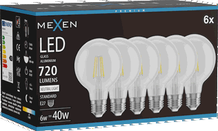 Mexen Vintis 6x Bec de filament LED E27, G80, 6W, Neutru - 4000K, 720 lm, clar - L155-E27-0640-00x06