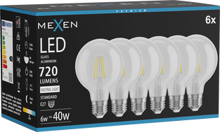 Mexen Vintis 6x LED filament izzó E27, G80, 6W, Semleges - 4000K, 720 lm, átlátszó - L155-E27-0640-00x06