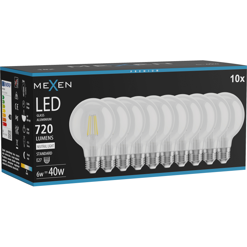 Mexen Vintis 10x Bec filament LED E27, G80, 6W, Neutru - 4000K, 720 lm, transparent - L155-E27-0640-00x10