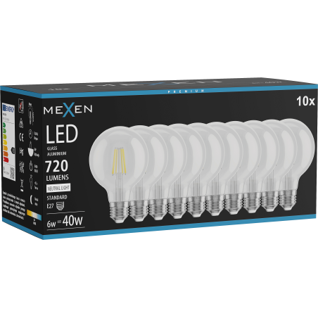 Mexen Vintis 10x Bec filament LED E27, G80, 6W, Neutru - 4000K, 720 lm, transparent - L155-E27-0640-00x10