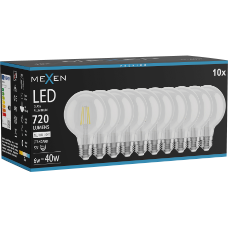 Mexen Vintis 10x LED filament izzó E27, G80, 6W, Semleges - 4000K, 720 lm, átlátszó - L155-E27-0640-00x10