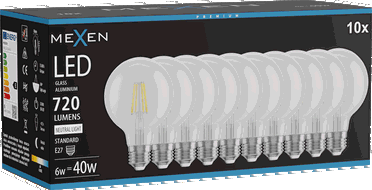 Mexen Vintis 10x Bec filament LED E27, G80, 6W, Neutru - 4000K, 720 lm, transparent - L155-E27-0640-00x10