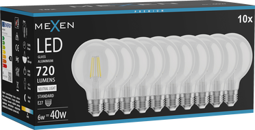 Mexen Vintis 10x LED filament izzó E27, G80, 6W, Semleges - 4000K, 720 lm, átlátszó - L155-E27-0640-00x10