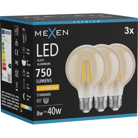 Mexen Vintis 3x Bec LED tip filament E27, G80, 8W, Caldă - 2200K, 750 lm, chihlimbar - L155-E27-0822-50x03