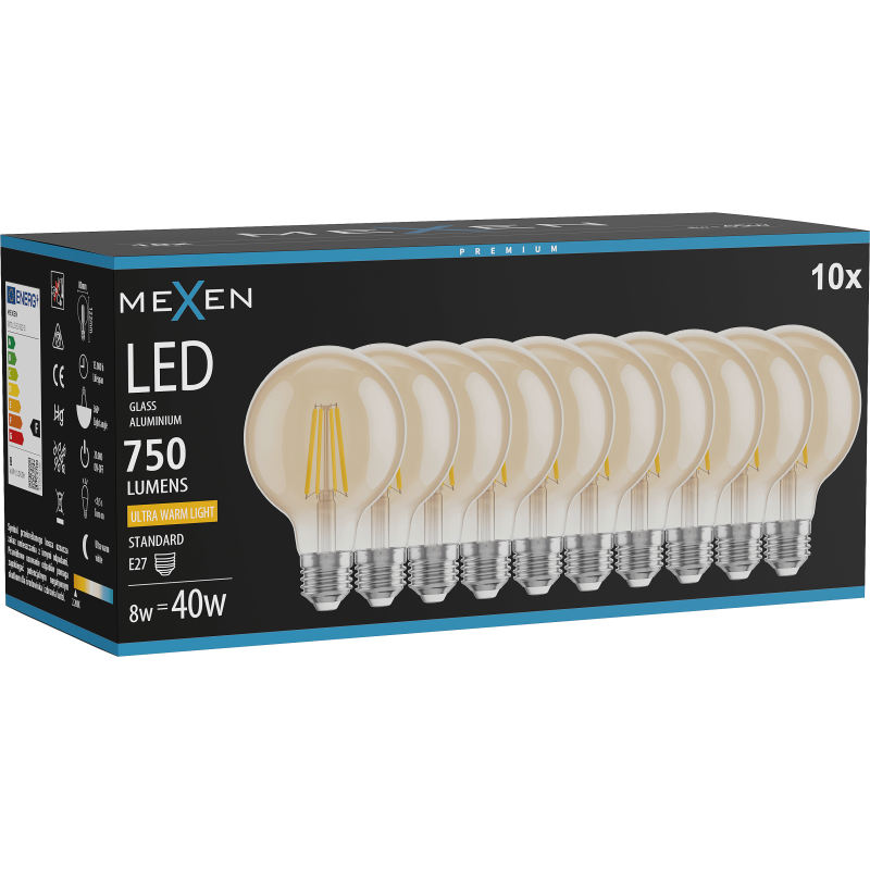 Mexen Vintis 10x Bec LED filament E27, G80, 8W, Caldă - 2200K, 750 lm, chihlimbar - L155-E27-0822-50x10