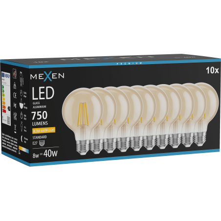 Mexen Vintis 10x LED filament izzó E27, G80, 8W, Meleg - 2200K, 750 lm, borostyán - L155-E27-0822-50x10