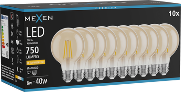 Mexen Vintis 10x LED filament izzó E27, G80, 8W, Meleg - 2200K, 750 lm, borostyán - L155-E27-0822-50x10