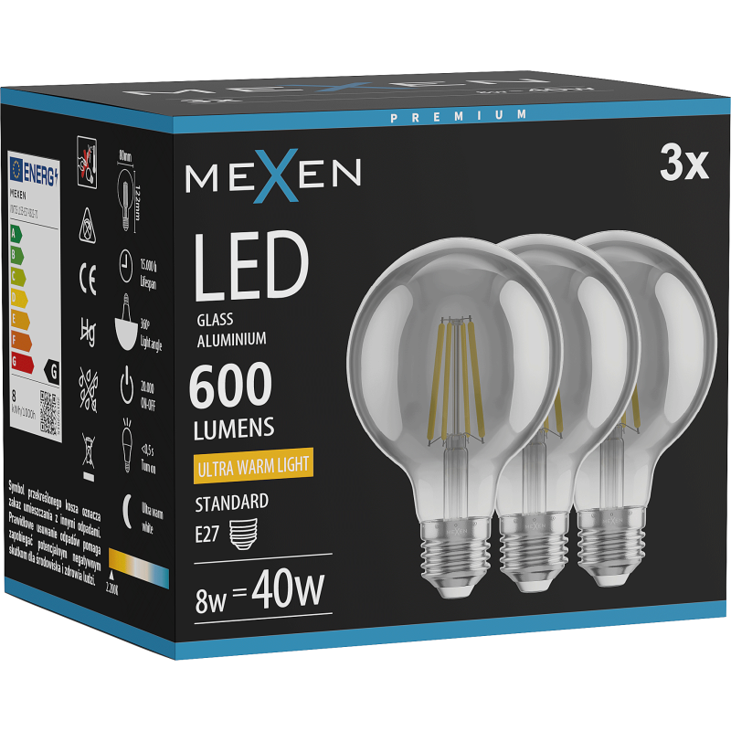 Mexen Vintis 3x Filament LED izzó E27, G80, 8W, Meleg - 2200K, 600 lm, füstszínű - L155-E27-0822-70x03