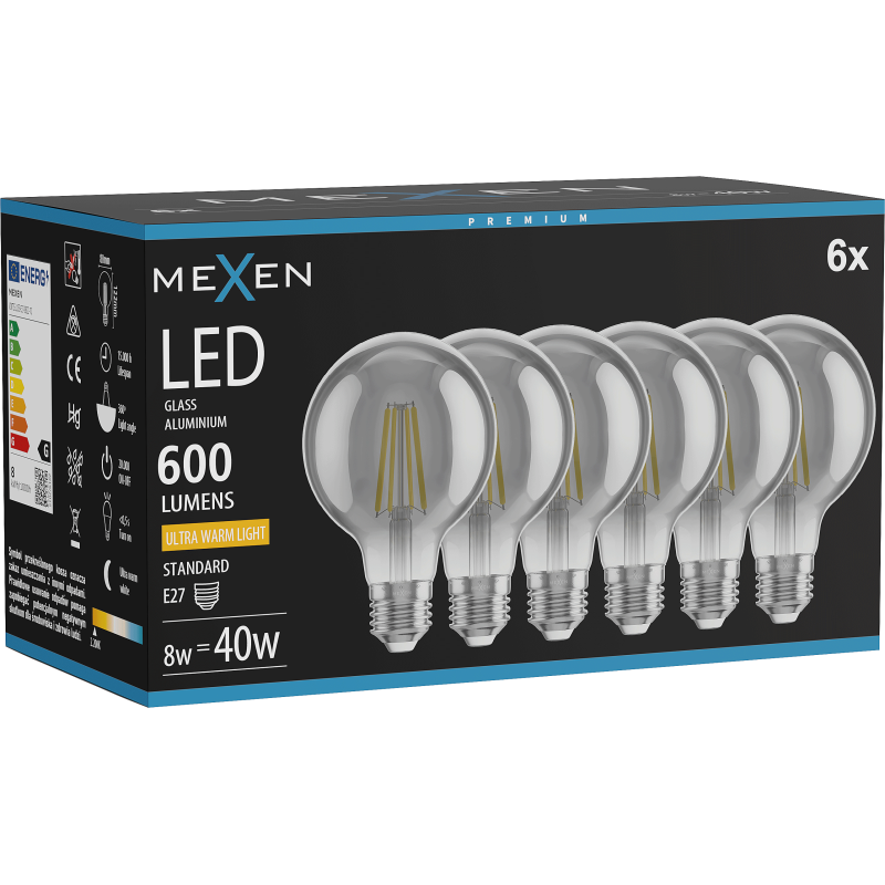 Mexen Vintis 6x LED filament izzó E27, G80, 8W, Meleg - 2200K, 600 lm, füstös - L155-E27-0822-70x06