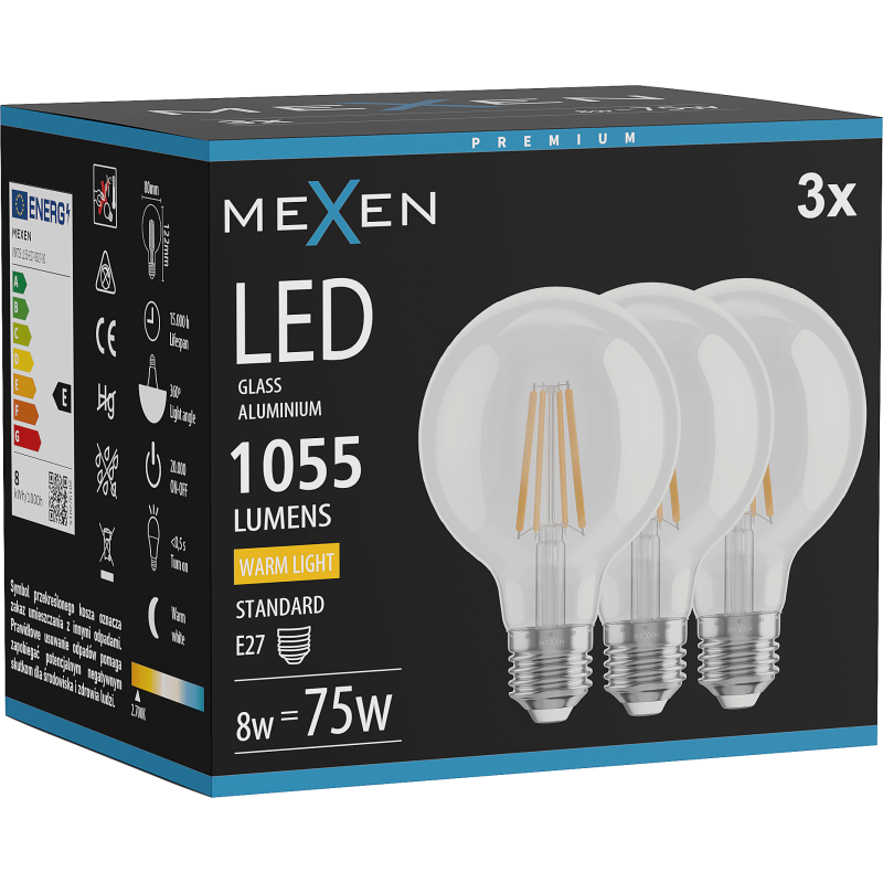 Mexen Vintis 3x LED filament izzó E27, G80, 8W, Meleg - 2700K, 1055 lm, átlátszó - L155-E27-0827-00x03