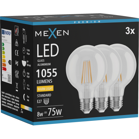 Mexen Vintis 3x LED filament izzó E27, G80, 8W, Meleg - 2700K, 1055 lm, átlátszó - L155-E27-0827-00x03