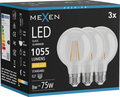 Mexen Vintis 3x LED filament izzó E27, G80, 8W, Meleg - 2700K, 1055 lm, átlátszó - L155-E27-0827-00x03