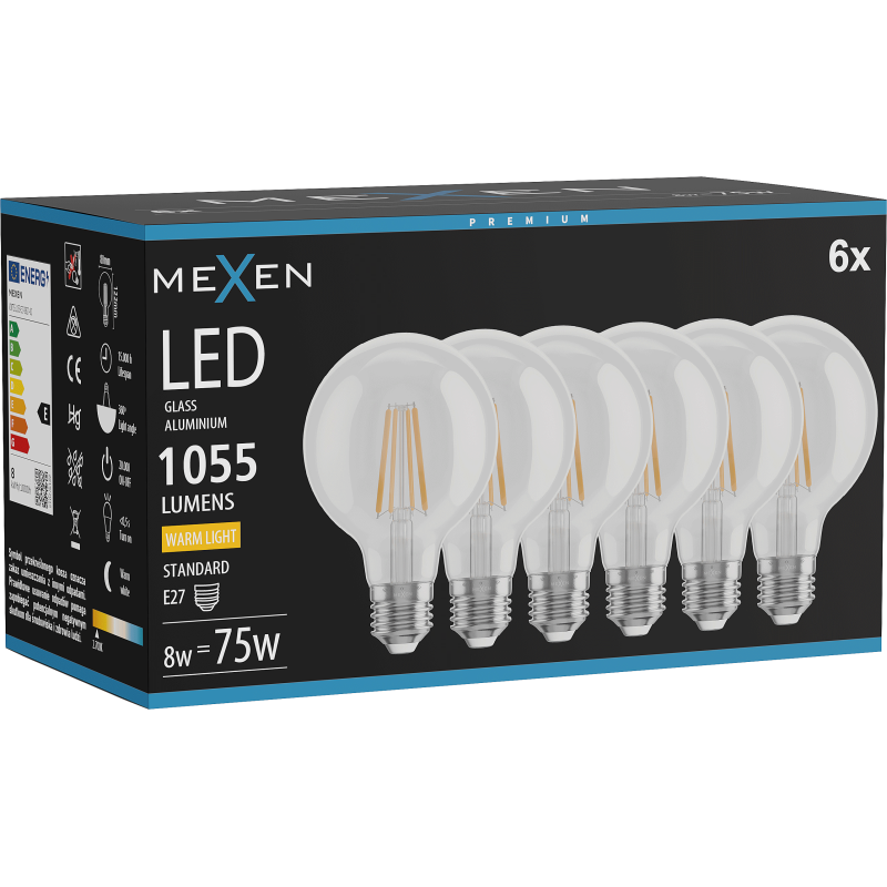 Mexen Vintis 6x Bec cu filament LED E27, G80, 8W, Caldă - 2700K, 1055 lm, clar - L155-E27-0827-00x06