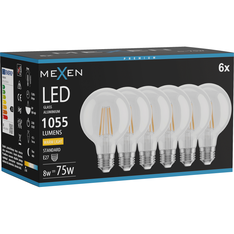 Mexen Vintis 6x Filament LED izzó E27, G80, 8W, Meleg - 2700K, 1055 lm, átlátszó - L155-E27-0827-00x06