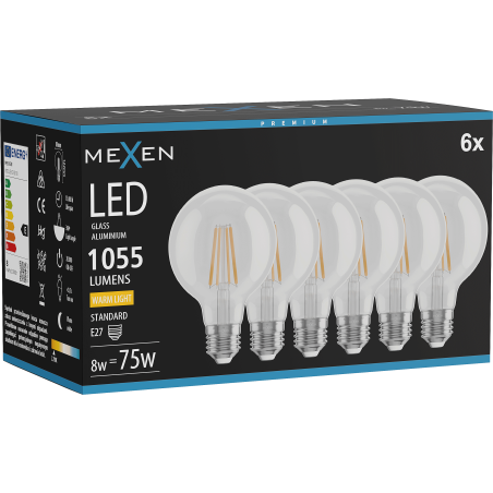 Mexen Vintis 6x Filament LED izzó E27, G80, 8W, Meleg - 2700K, 1055 lm, átlátszó - L155-E27-0827-00x06