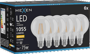 Mexen Vintis 6x Bec cu filament LED E27, G80, 8W, Caldă - 2700K, 1055 lm, clar - L155-E27-0827-00x06
