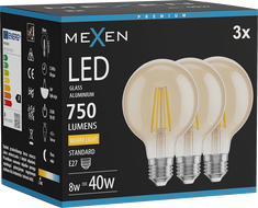 Mexen Vintis 3x LED filament izzó E27, G80, 8W, Meleg - 2700K, 750 lm, borostyán - L155-E27-0827-50x03