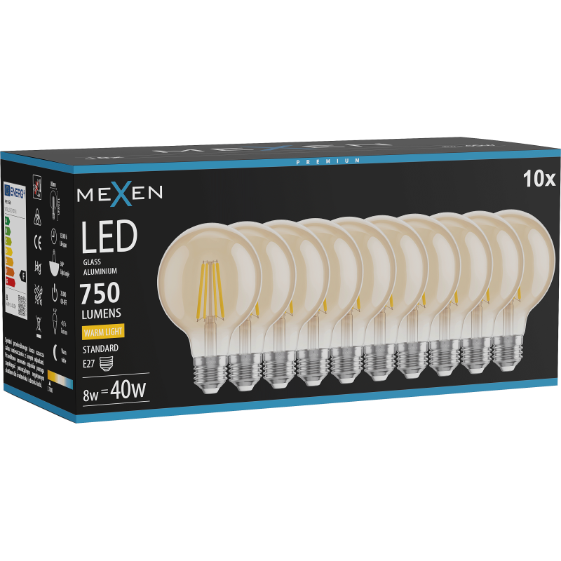 Mexen Vintis 10x LED filament izzó E27, G80, 8W, Meleg - 2700K, 750 lm, borostyán - L155-E27-0827-50x10