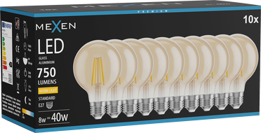 Mexen Vintis 10x LED filament izzó E27, G80, 8W, Meleg - 2700K, 750 lm, borostyán - L155-E27-0827-50x10
