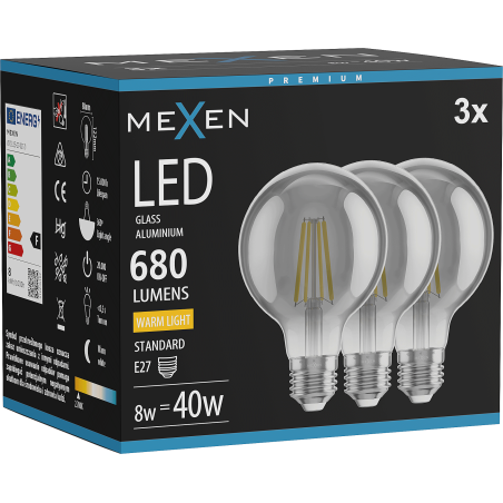 Mexen Vintis 3x LED filament izzó E27, G80, 8W, Meleg - 2700K, 680 lm, füstös - L155-E27-0827-70x03