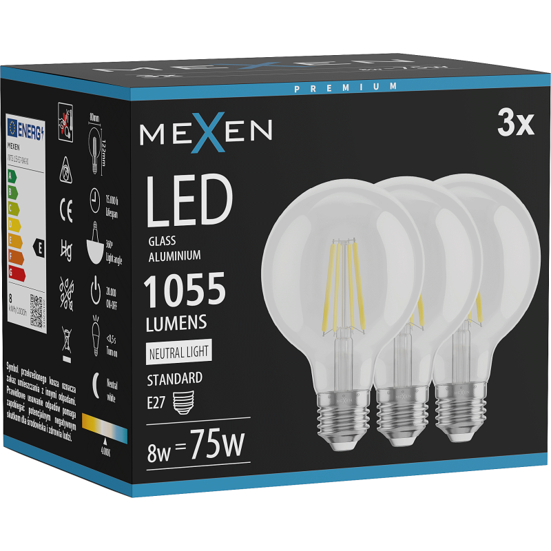 Mexen Vintis 3x Bec LED cu filament E27, G80, 8W, Neutru - 4000K, 1055 lm, clar - L155-E27-0840-00x03