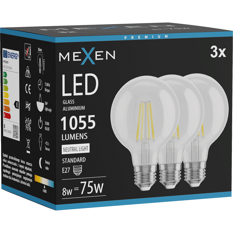 Mexen Vintis 3x Filament LED izzó E27, G80, 8W, Semleges - 4000K, 1055 lm, átlátszó - L155-E27-0840-00x03
