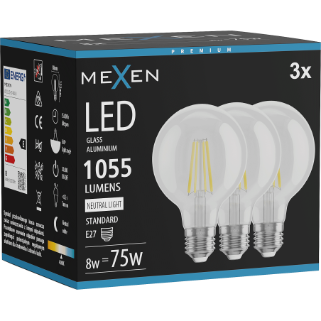 Mexen Vintis 3x Bec LED cu filament E27, G80, 8W, Neutru - 4000K, 1055 lm, clar - L155-E27-0840-00x03