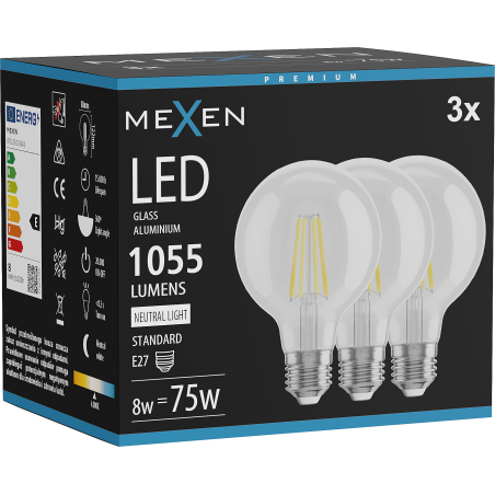 Mexen Vintis 3x Filament LED izzó E27, G80, 8W, Semleges - 4000K, 1055 lm, átlátszó - L155-E27-0840-00x03