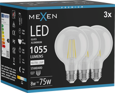 Mexen Vintis 3x Filament LED izzó E27, G80, 8W, Semleges - 4000K, 1055 lm, átlátszó - L155-E27-0840-00x03