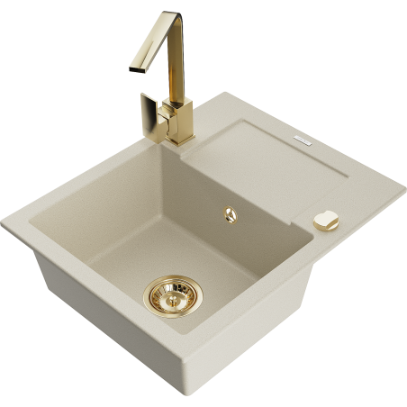 Mexen Enzo chiuvetă de granit cu o cuvă și scurgător, cu baterie de bucătărie Rita, bej - 6506-69-670300-50