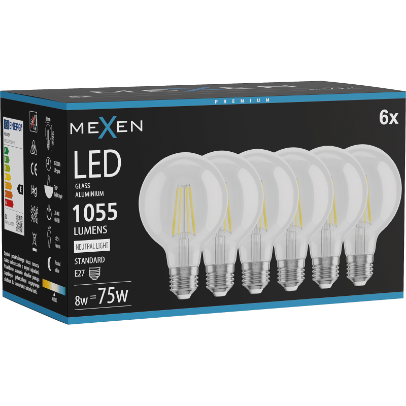 Mexen Vintis 6x Bec LED cu filament E27, G80, 8W, Neutră - 4000K, 1055 lm, clar - L155-E27-0840-00x06