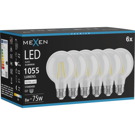 Mexen Vintis 6x LED filament izzó E27, G80, 8W, Semleges - 4000K, 1055 lm, tiszta - L155-E27-0840-00x06
