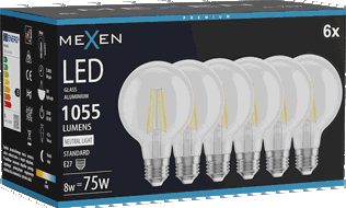 Mexen Vintis 6x Bec LED cu filament E27, G80, 8W, Neutră - 4000K, 1055 lm, clar - L155-E27-0840-00x06