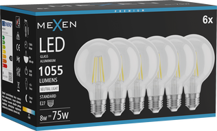 Mexen Vintis 6x LED filament izzó E27, G80, 8W, Semleges - 4000K, 1055 lm, tiszta - L155-E27-0840-00x06