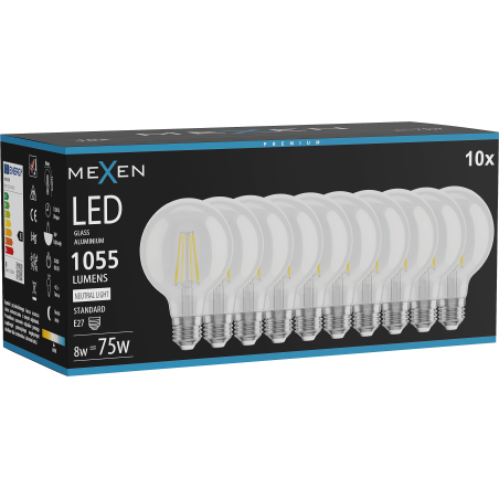 Mexen Vintis 10x LED filament izzó E27, G80, 8W, Semleges - 4000K, 1055 lm, átlátszó - L155-E27-0840-00x10