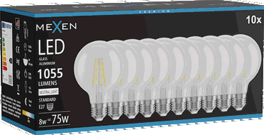 Mexen Vintis 10x bec LED filament E27, G80, 8W, Neutru - 4000K, 1055 lm, transparent - L155-E27-0840-00x10