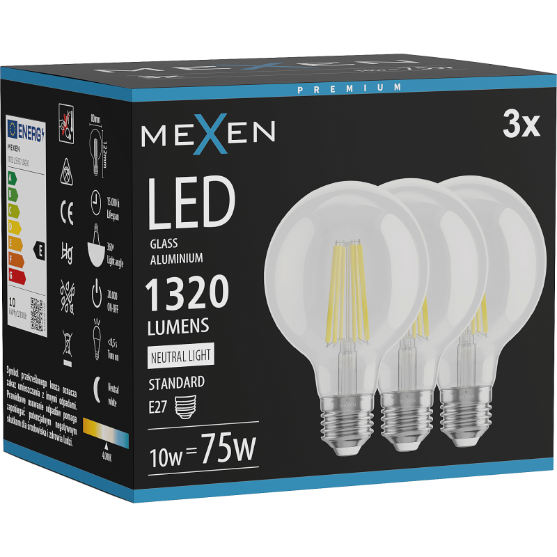Mexen Vintis 3x Bec filament LED E27, G80, 10W, Neutră - 4000K, 1320 lm, clar - L155-E27-1040-00x03