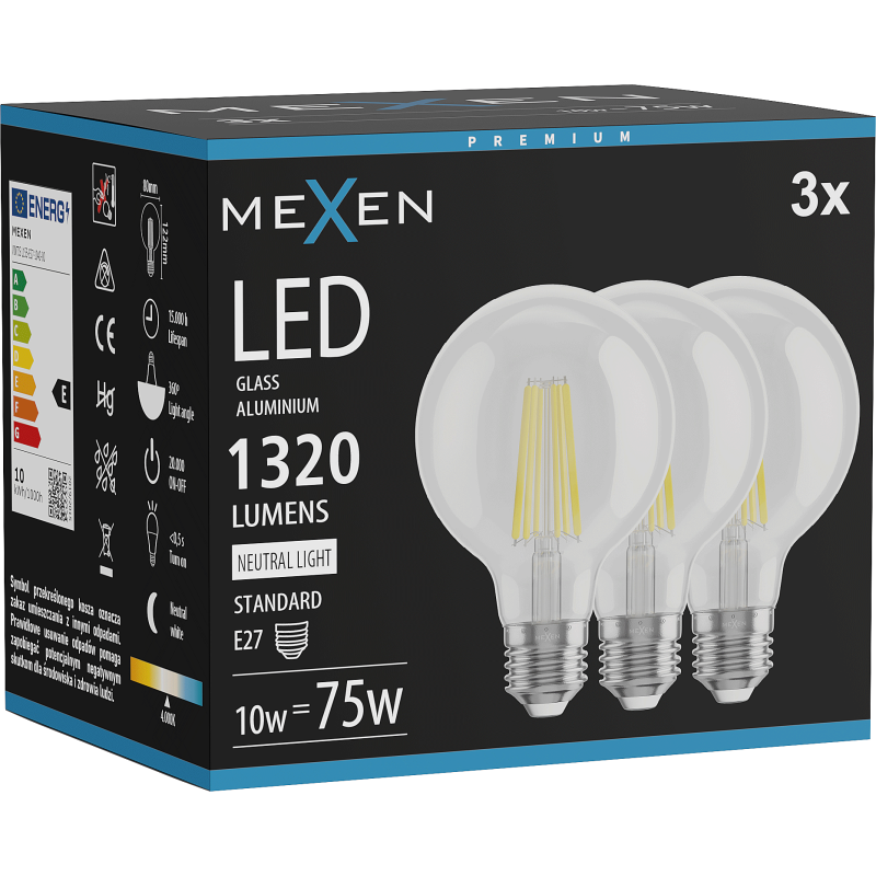 Mexen Vintis 3x filament LED izzó E27, G80, 10W, Neutrális - 4000K, 1320 lm, átlátszó - L155-E27-1040-00x03