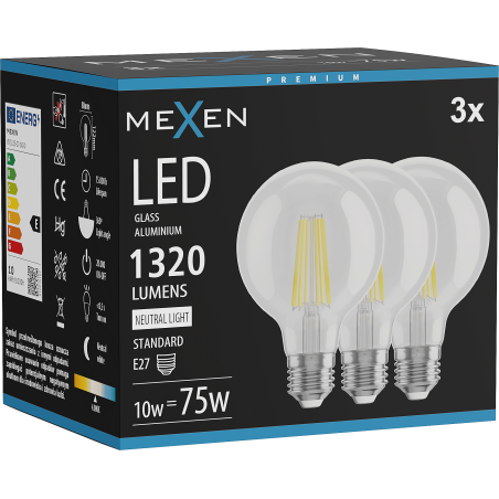 Mexen Vintis 3x Bec filament LED E27, G80, 10W, Neutră - 4000K, 1320 lm, clar - L155-E27-1040-00x03