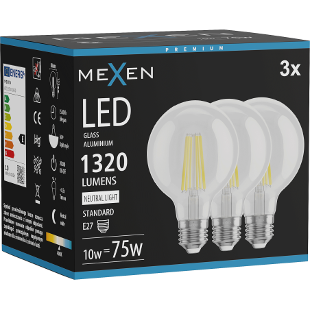 Mexen Vintis 3x filament LED izzó E27, G80, 10W, Neutrális - 4000K, 1320 lm, átlátszó - L155-E27-1040-00x03