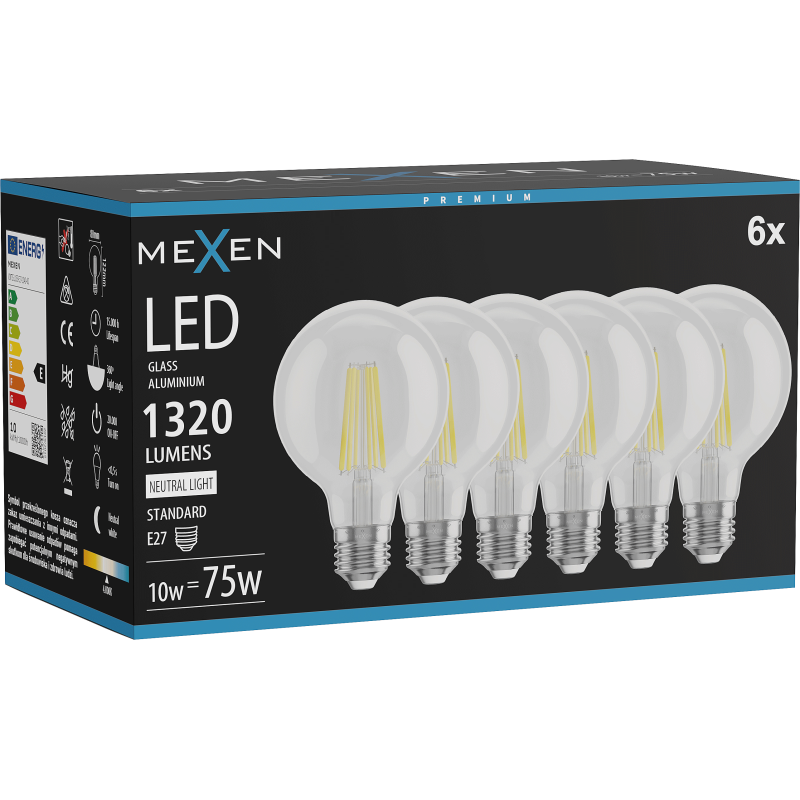 Mexen Vintis 6x LED filament izzó E27, G80, 10W, Semleges - 4000K, 1320 lm, átlátszó - L155-E27-1040-00x06