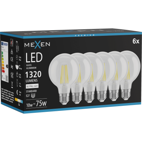 Mexen Vintis 6x LED filament izzó E27, G80, 10W, Semleges - 4000K, 1320 lm, átlátszó - L155-E27-1040-00x06