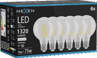 Mexen Vintis 6x Bec LED filament E27, G80, 10W, Neutru - 4000K, 1320 lm, transparent - L155-E27-1040-00x06