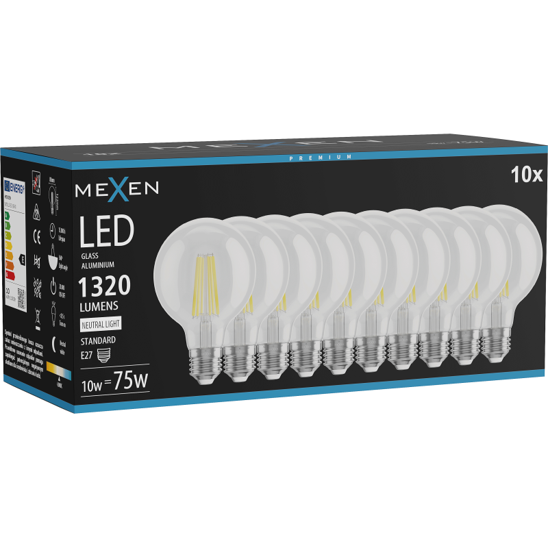 Mexen Vintis 10x Bec filament LED E27, G80, 10W, Neutru - 4000K, 1320 lm, transparent - L155-E27-1040-00x10