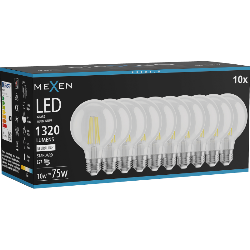 Mexen Vintis 10x LED filament izzó E27, G80, 10W, Semleges - 4000K, 1320 lm, átlátszó - L155-E27-1040-00x10
