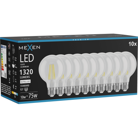 Mexen Vintis 10x LED filament izzó E27, G80, 10W, Semleges - 4000K, 1320 lm, átlátszó - L155-E27-1040-00x10