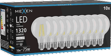 Mexen Vintis 10x Bec filament LED E27, G80, 10W, Neutru - 4000K, 1320 lm, transparent - L155-E27-1040-00x10