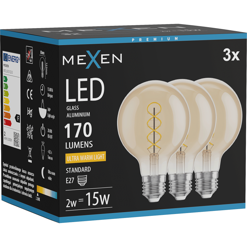Mexen Vintis 3x LED filament spirál izzó E27, G80, 2W, Meleg - 2200K, 170 lm, borostyán - L165-E27-0222-50x03