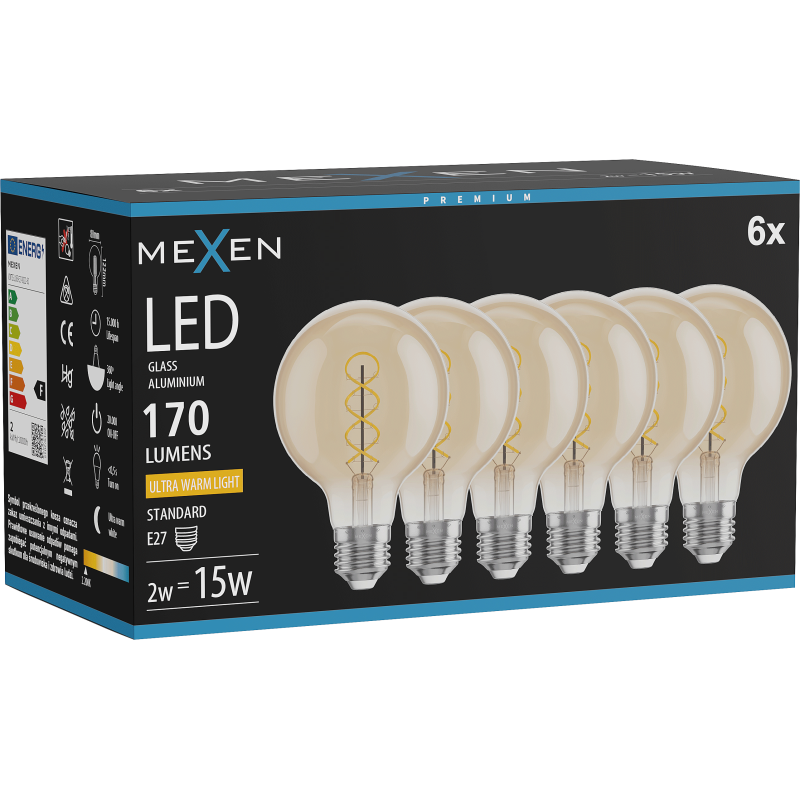Mexen Vintis 6x Filament spirál LED izzó E27, G80, 2W, Meleg - 2200K, 170 lm, borostyán - L165-E27-0222-50x06