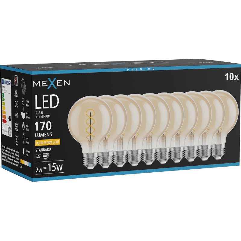 Mexen Vintis 10x LED filament spirál izzó E27, G80, 2W, Meleg - 2200K, 170 lm, borostyán - L165-E27-0222-50x10